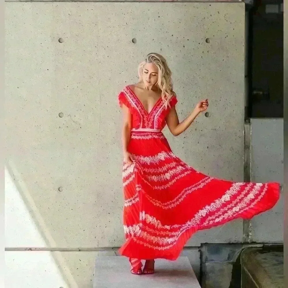 Self-Portrait Flower Spell Chiffon Ruffle Pleated Maxi dress Size UK4 US0​ - Picture 3 of 10